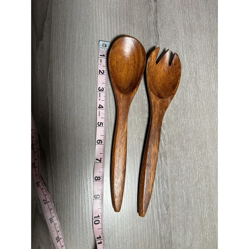 Vintage Handcrafted Wood Salad Server Set Large Spoon and Fork Tapered Handles